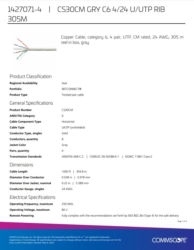 Cáp mạng cat6 ADC Krone CS30CM GRY C6 4/24 U/UTP RIB 305M mã 1427071-4